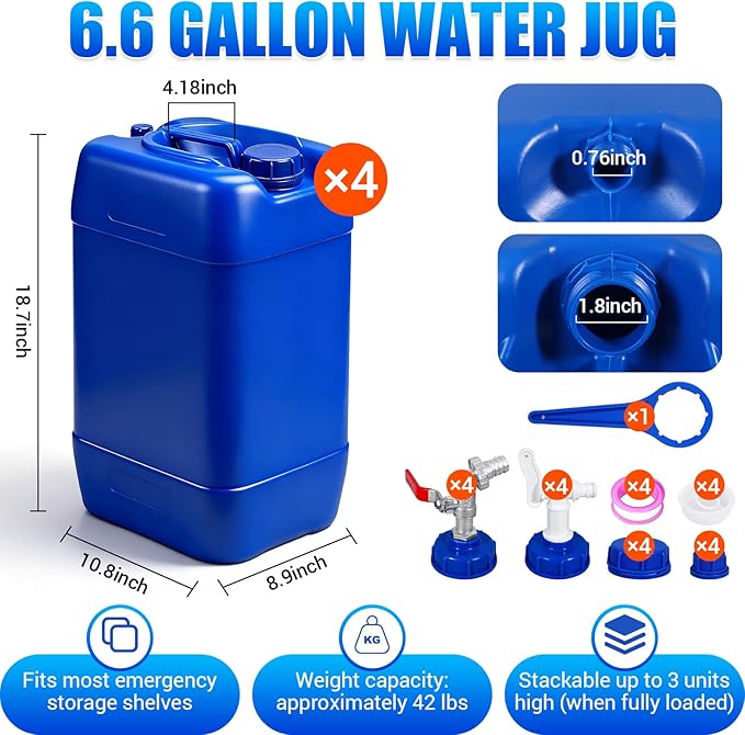 6.6 Gallon Emergency Water Storage Container with Spigot, BPA-Free Water Tank with Lid, Stackable Survival Storage for Disaster & Camping (1 Pack) (4 Pack Blue, 6.6 gal)