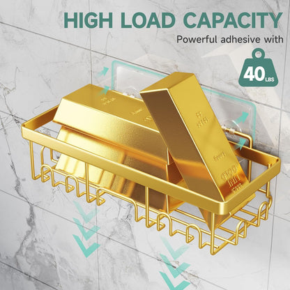 Veken Adhesive Shower Caddy 6-Pack,Gifts for Women Mom,Heavy Weight Bearing,Large Wall Mounted Bathroom Shelves Rack,Organizer Storage Accessories with Soap Dish&Toothbrush Holder,Bright Gold