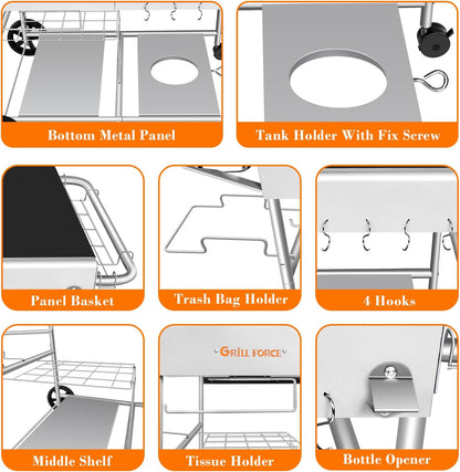 Pizza Oven Table with Topping Station, Outdoor Pizza Oven Cart, Grill Table for Outside, Grill Cart, Food Prep Work cart Fits for Ninja Woodfire Grill, Blackstone Griddle,Tabletop Grill