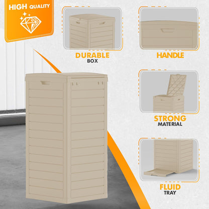 31 Gallon Outdoor Trash Can, Waterproof Resin Trash Can with Layered Lid and Drip Tray, Perfect for Patio, Backyard (Grey)