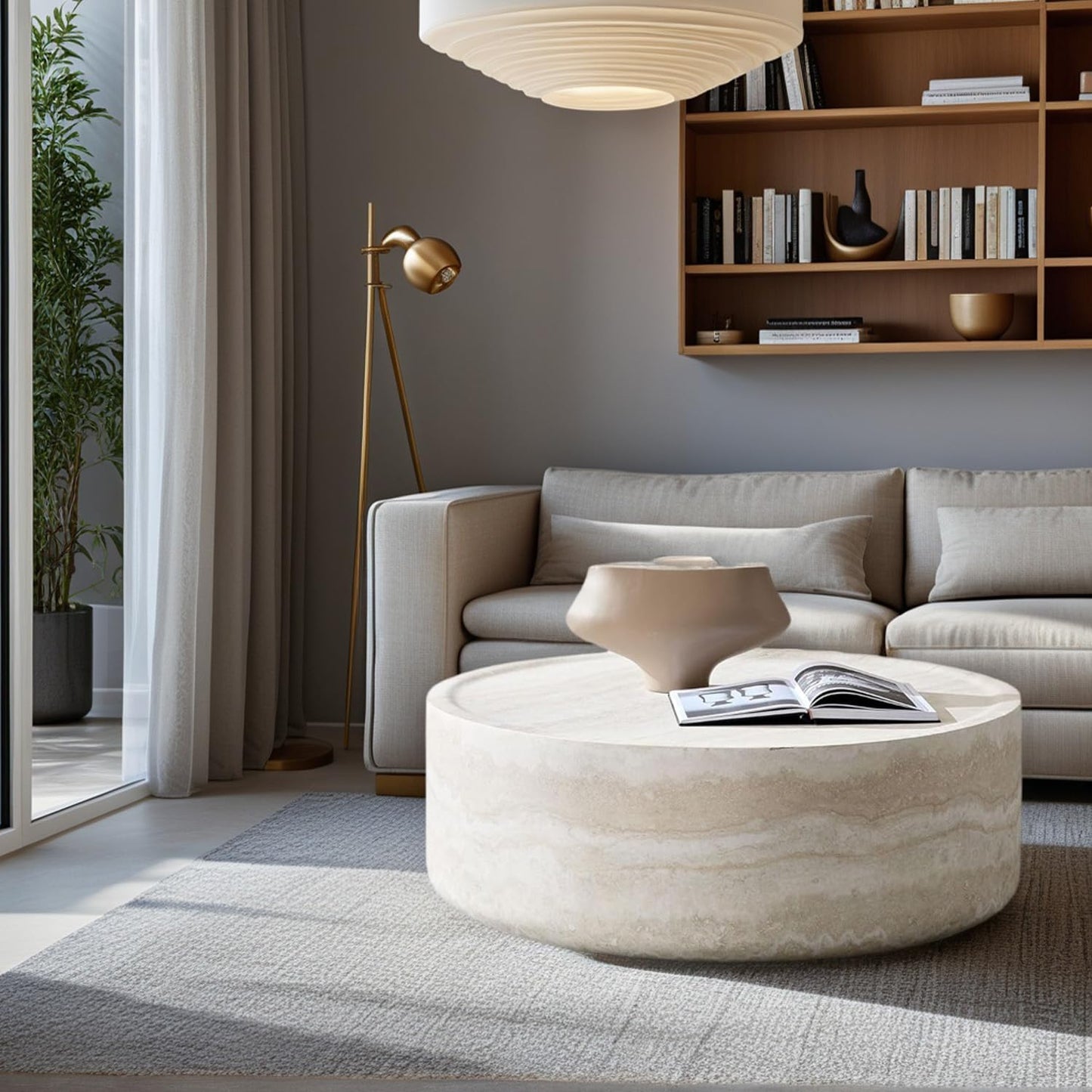 Faux Marble Coffee Table, Modern Round Coffee Table for Living Room, Circle Drum Coffee Side Tables, Fiberglass Center End Table for Small Place Apartment Office (31.49" Marble)