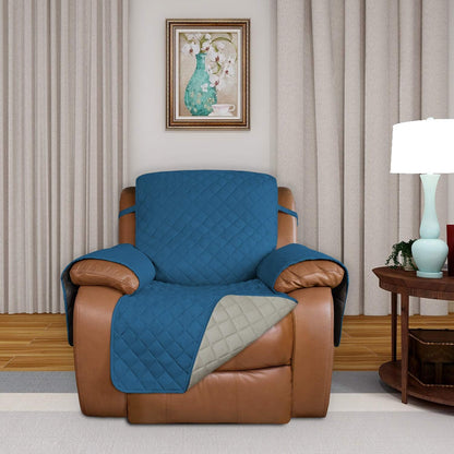 PureFit Reversible Quilted Sofa Cover, Water Resistant Slipcover Furniture Protector, Washable Couch Cover with Non Slip and Elastic Straps for Kids, Dogs (Oversized Recliner, Peacock Blue/Beige)