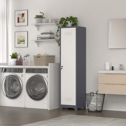 Metal Broom Storage Cabinets, Narrow Cabinet with Hooks, 65" Slim Bathroom Storage Cabinet with Shelves, Heavy-Duty Cleaning Cabinets for Utility Room, Gym, Office, Garage