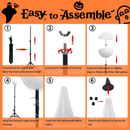 2 Packs Halloween Ghost Outdoor Decorations, 59” Light Up Ghost Decor with Remote Control, Adjustable Height Standing Halloween Lighted Ghost Kit with Witch Hat Ideal for Porch, Garden, Yard