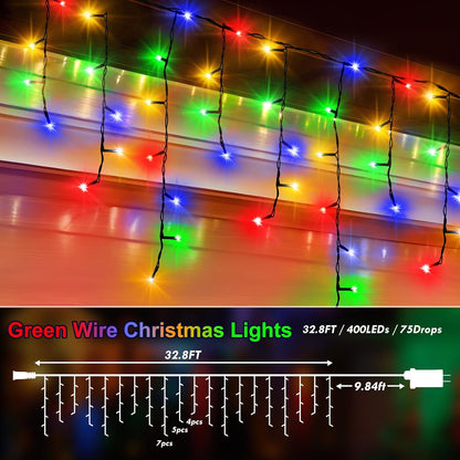 KNONEW 33FT 400 LED Christmas Lights Outdoor Black Wire String Lights with 75 Drops, 8 Lighting Modes, Timer Memory Function Connectable Hanging Curtain Lights for Halloween Party Decor(Multicolor)