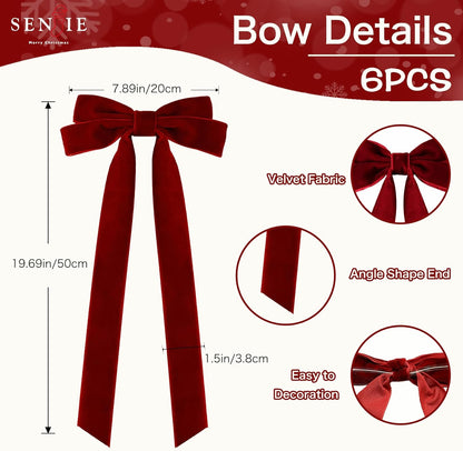 Senjie Velvet Large Christmas Bows for Staircase Garland Wreath, 20in x 8in Vintage Ribbon Bows with Twist Tie for Xmas Tree Holiday Indoor Outdoor Decorations (6Pcs, Burgundy)