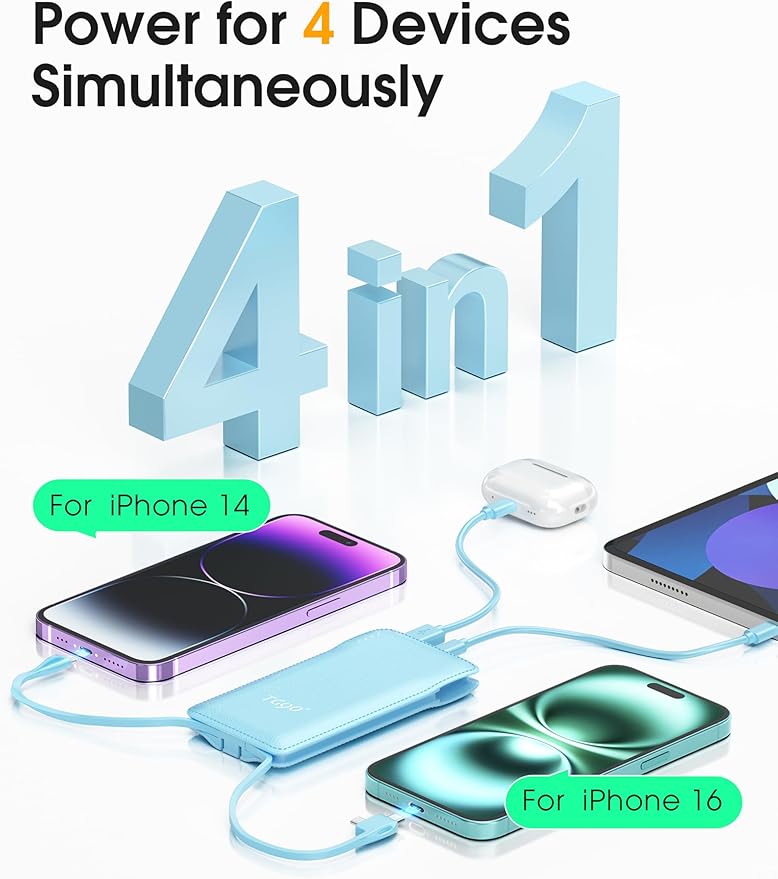 TG90° 2 Pack 10000mAh Power Bank Built-in Foldable AC Wall Plug and Cables,Ultra Slim Compact Cell Phone Fast Charger,External Battery Pack Compatible with iPhone and Android Devices,Black & Blue