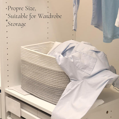 Hopegiver Woven Storage Baskets 15x11x10 Inch, 1 Pack Collapsible Cube Storage Bin for Shelves - Foldable Cotton Rope Organizer Bins for Towels, Toys, Books, Closet, Nursery (White Light-Gray Gray)