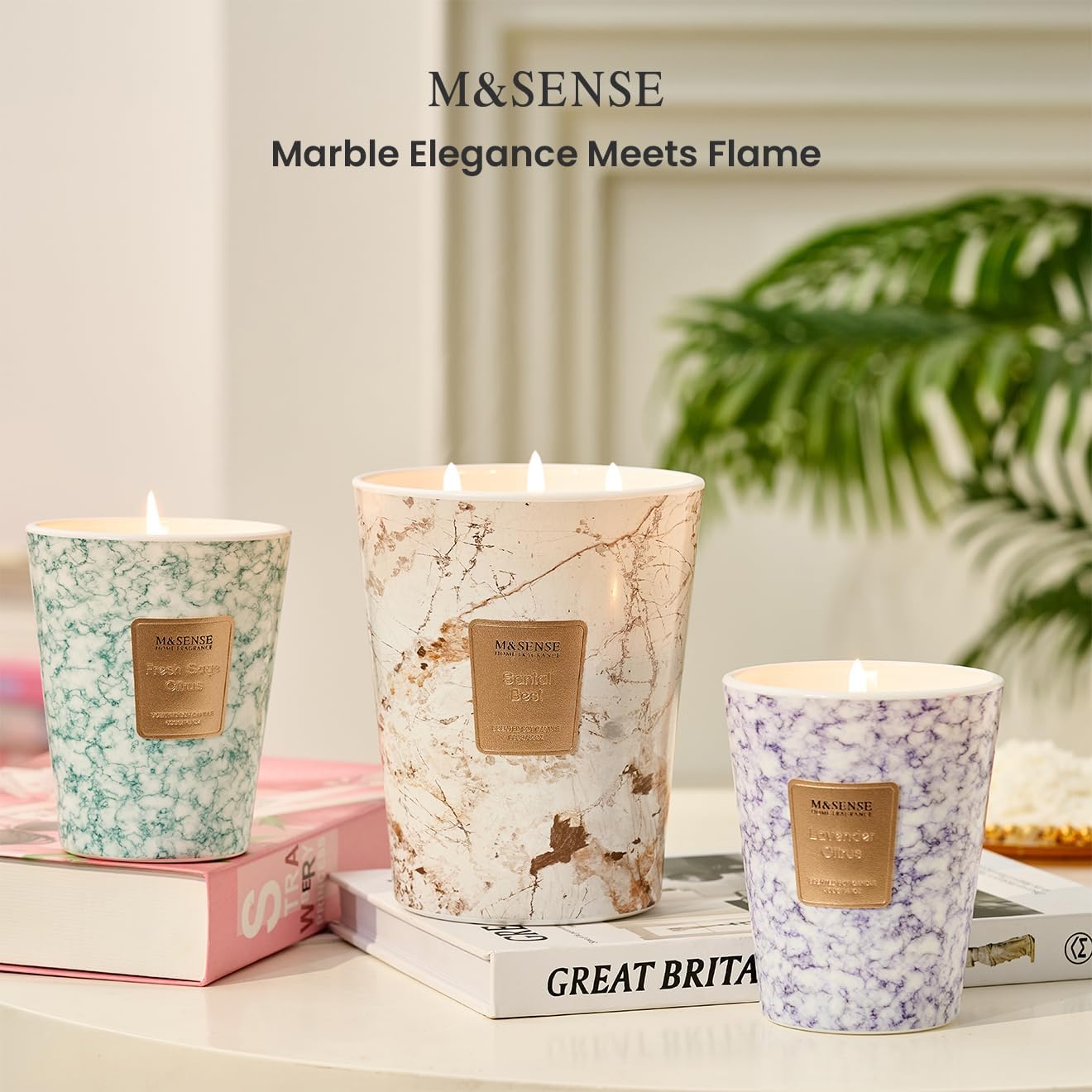 M&SENSE Santal Scented Candles for Home, 3-Wick Highly Scented Jar Candles, Extra Large Candle 35 Oz 150 Hours Long Lasting Burning, Relaxing Aromatherapy Candle for Stress Relief, Meditation