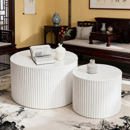 Round Nesting Coffee Table Set of 2 Small Round Coffee Tables for Living Room Modern Fluted Coffee Table Circular End Table Side Table for Small Spaces No Assembly (White B, 27 in)