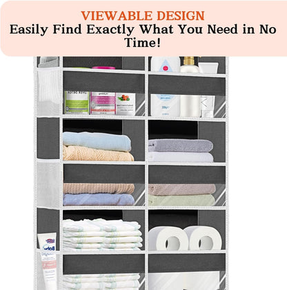 Over the Door Organizer 6 Tiers, Extra Large Behind Door Storage of 12 Compartments, 80 lbs Weight Capacity Hanging Storage Organizer with Clear Window Kids Toys, Shoes, Diapers, Room storage