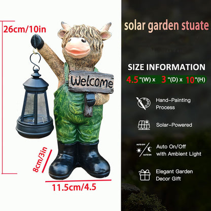 Solar Garden Decor Statues: Handmade Resin Statue with LED Light,Highland Cow Figurine Outdoor Garden Decor Unique Gifts for Women, Mom, Grandma (Green cow1)
