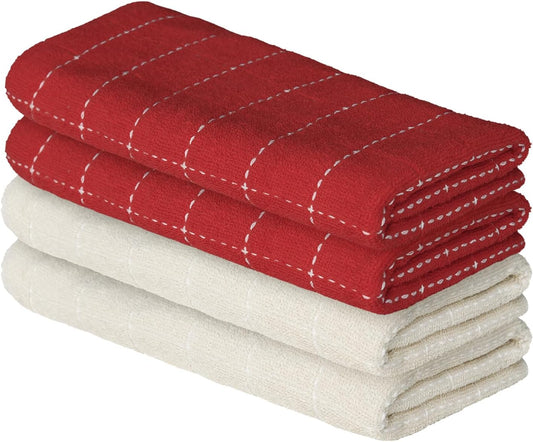 Artoid Mode Checkered Designed Cotton Beige Red Terry Kitchen Dish Towels, 15x25 Inch Soft Absorbent Quick Drying Cleaning Tea Towels Set of 4