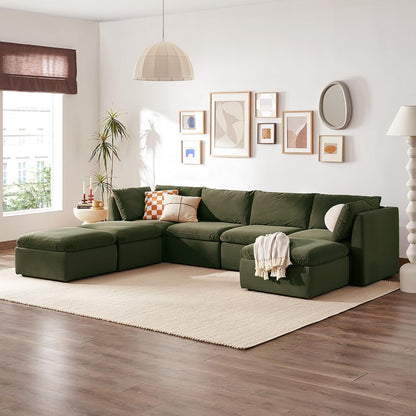 mopio Oversized Modular Sectional Sofa with Fully Removable Covers and Storage, Convertible U, L-Shaped and Sleeper Sectional, Modern Couches with Ottoman Chaise (Olive Green Velvet, 7 Seats, U)