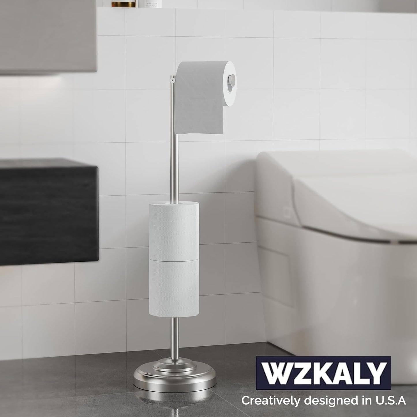 Toilet Paper Holder Stand with Storage – 4 Extra Rolls –Brushed Nickel Toilet Paper Holder for Bathroom – Sturdy Base, Classic Retro Style, Space-Saving Bathroom Storage Organizer, Sliver