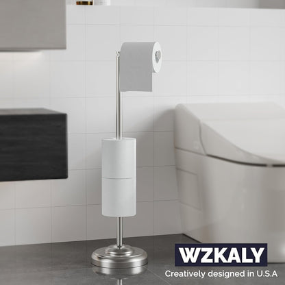 Toilet Paper Holder Stand with Storage – 4 Extra Rolls –Brushed Nickel Toilet Paper Holder for Bathroom – Sturdy Base, Classic Retro Style, Space-Saving Bathroom Storage Organizer, Sliver