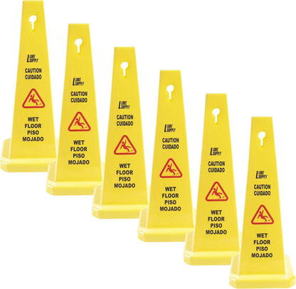 MATTHEW CLEANING 6 Packs 36” Caution Wet Floor Safety Cones for Indoors and Outdoors,Bright Yellow Caution Wet Floor Sign,4-Sided Bilingual Signs,Avoid Fall & Slip Accident