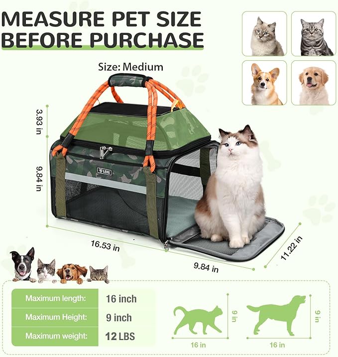 Lekereise Top Expandable Dog Carrier TSA Airline Approved Soft Sided Pet Underseat Up to 12lbs Travel Carriers for Small Cats and Dogs with Convertable Dog Leash and Anti-Scratch Mesh
