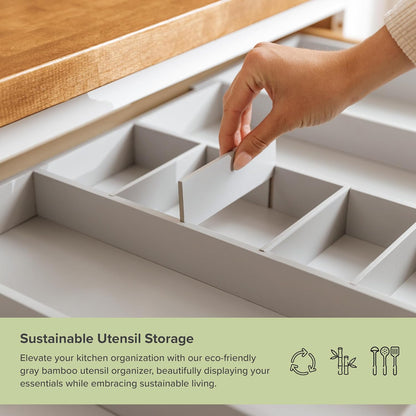 Adjustable Kitchen Drawer Organizer for Utensils and Junk, Food-Safe Contract Grade with 100% Sustainable Wood, Expandable from 19 to 33 Inches Wide - Gray Bamboo