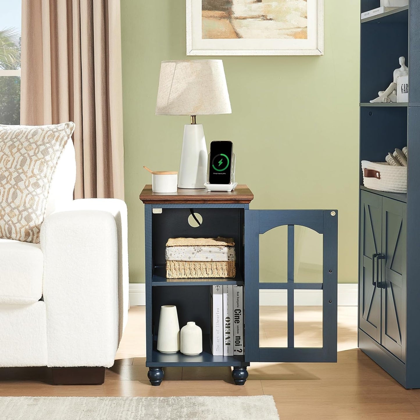 Narrow Side Table,Farmhouse Nightstand with Charging Station,Wood End Table with Glass Barn Door Storage, Cabinet Organizer with Adjustable Shelf, Night Stand for Small Spaces for Living Room Bedroom
