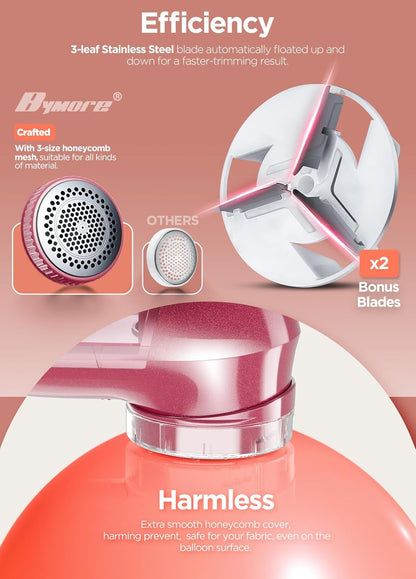 Fabric Shaver, Lint Remover, Bymore Lint Shaver Defuzzer Sweater Shaver for Clothes and Furniture AC Adapter or Battery Operated Pill Fuzz Remover (Bright Red)