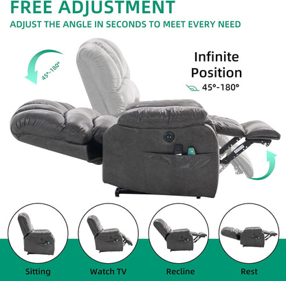 VIVIJASON Large Dual OKIN Motor Lay Flat Sleeper Lift Recliner Chair with Heat & Massage for Elderly, Infinite Position Electric Power Recliner with 2 Remote Controls, Side Pockets & USB Ports, Gray