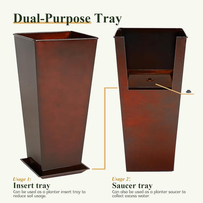 WORTH Garden 25" Large Metal Glazed Planter Set of 2, Luxurious Glossy Finish Red Tall Square Tapered Steel Plant Pots, Decor Flower Pot Indoor & Outdoor, Drainage Hole & Dual-Purpose Plant Saucer