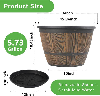 16-inch-Plant-Pots-Indoor-Outdoor, 4 Pack Large Whiskey Barrel Planters with Drainage Holes & Saucer, Plastic Flower Pots Imitation Wine Barrel Design, Decorative Garden Pots for Plants