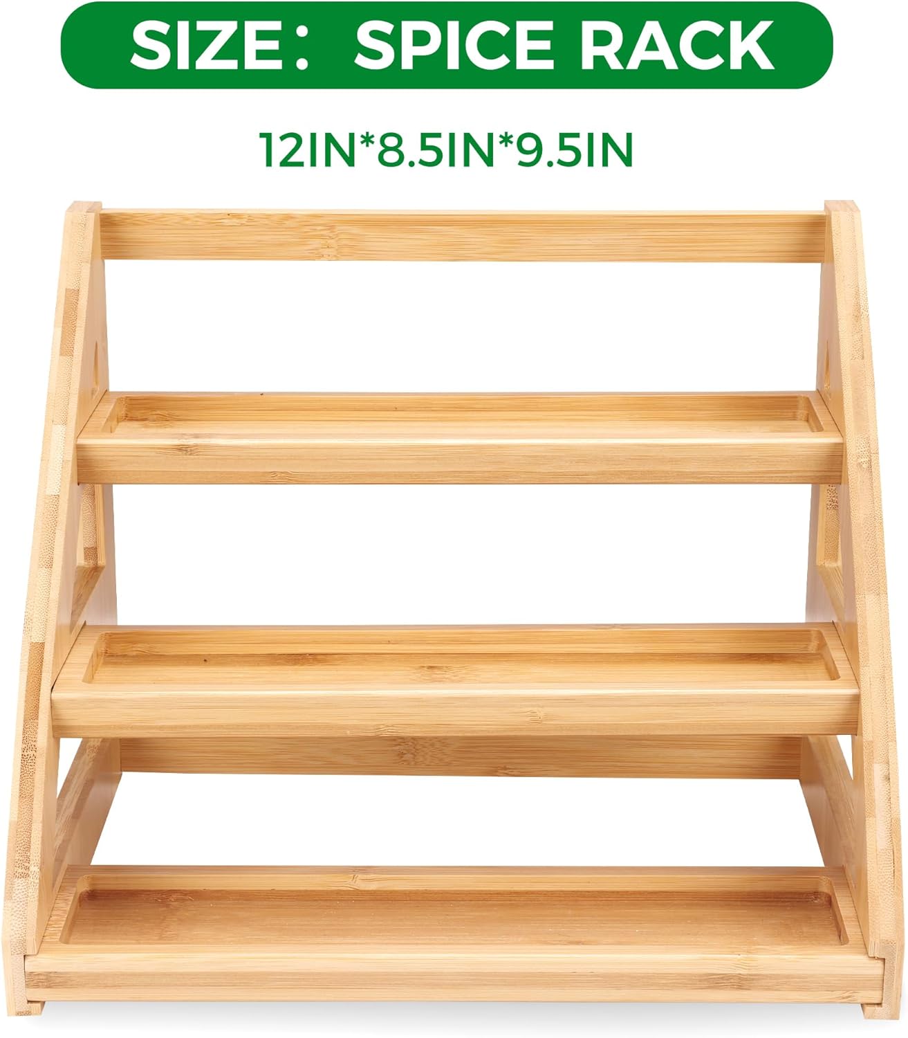 3-Tier Natural Bamboo Spice Rack Organizer - for Kitchen Cabinets, Countertops & Pantries - Space-Saving Tiered Shelf