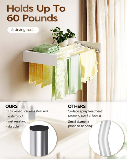 Foldable Wall Mounted Clothes Drying Rack - 32", Collapsible Laundry Drying Rack for Clothing & Towels - Includes Wall Template