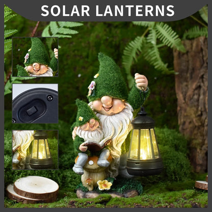 Solar Garden Gnome Statue Flocked Reading Parent & Child Gnomes with LED Light, Outdoor Waterproof Lawn Ornament Decor for Patio Lawn Yard Pathway Gift Idea for Women Mom Mothers Day