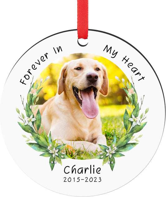 Personalized Pet Memorial Gifts, Forever in Our Hearts Photo Ornaments for Christmas Tree, Sympathy Remembrance Gifts for Loss of Dog Cat Pet