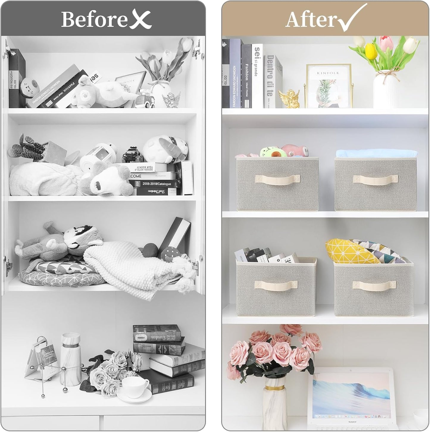 Storage Baskets, 11-Inch Woven Fabric Bins, Storage Cubes with Reinforced Handles, Organizer Bins for Closet Shelves, Foldable, for Toys, Clothes, Natural Beige (3PCS/Beige-11*11*7.8inch)