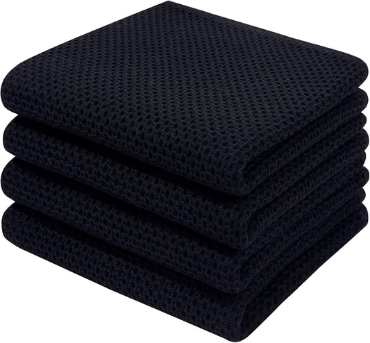 Homaxy 100% Cotton Waffle Weave Kitchen Dish Towels, Ultra Soft Absorbent Quick Drying Cleaning Towel, 13 x 28 Inches, 4-Pack, Black