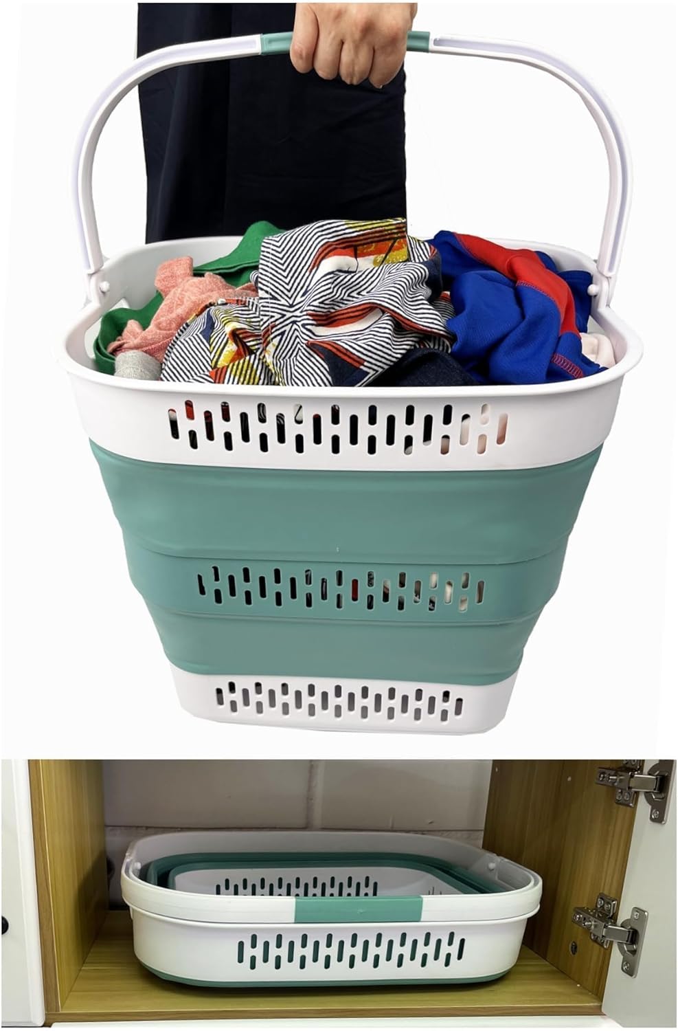 SAMMART 40L (10.5 Gallon) Collapsible Plastic Laundry Basket with Handles - Foldable Pop Up Storage Container/Organizer - Portable Laundry Hamper - Space Saving (1, White/Celadon Green)