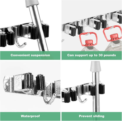 5Pcs 5 Racks 4 Hooks Stainless Steel Broom Mop Holder Anti Slip Wall Mount Broom Storage Rack Strong Load Bearing Waterproof Mop Broom Organizer for Bathroom Kitchen Garage