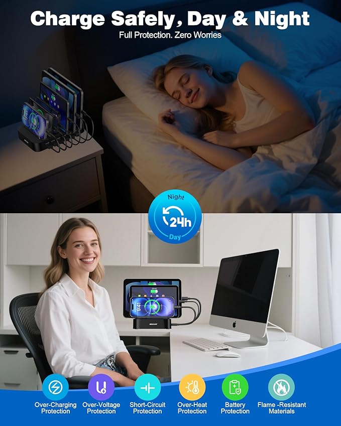 MSTJRY Charging Station for Multiple Devices : 6 Port USB Charger Stations - Family Multi-Device Organizer Charging Dock - Designed for iPhone iPad Android Cell Phone Tablet and Electronic, Black