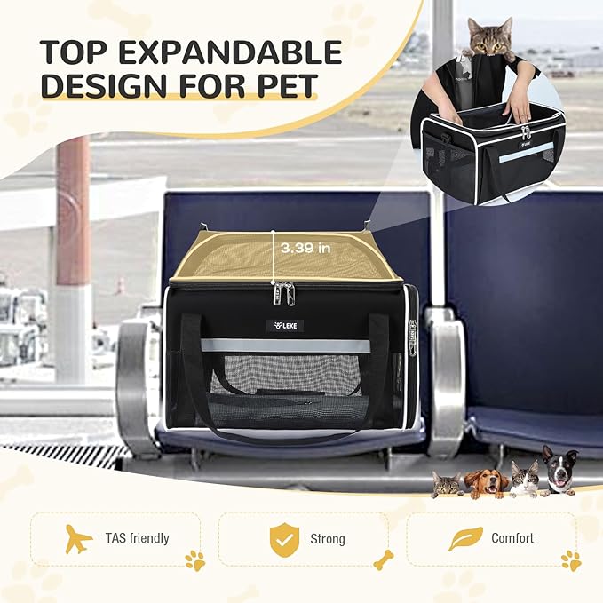 Lekereise Top-Expandable Pet Carrier 17x11x9.5 Inch Alaska Hawaiian Airline Approved Soft Sided Underseat to 12lbs Travel Carriers for Small Cats and Dogs with Locking Safety Zippers Anti-Scratch Mesh