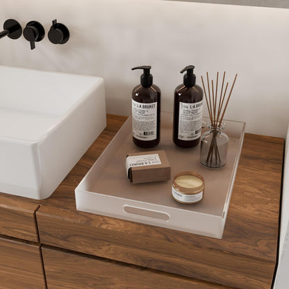 Large Acrylic Serving Tray Decorative Ottoman Coffee Table Vanity Tray Tea Fruit Platter Snack Appetizer Dessert Drink with Handles for Bar Kitchen Party, Frosted