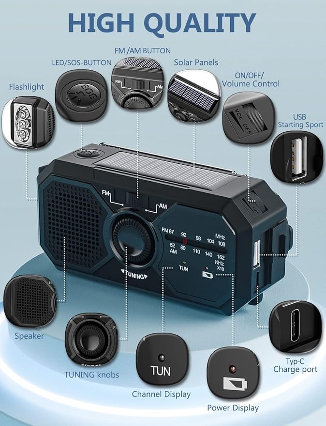 Emergency Weather Radio, Portable AM FM NOAA Radios with Crank SOS Alarm, 3500mAh Pocket Solar Emergency Supplies Gadgets for Men, Small Survival Gear for Home Office Hurricane Camping Hiking Outdoor