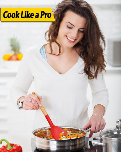 Pack of 4 Silicone Cooking Utensils Set, Non Stick Solid Spatulas and Heat Resistant Slotted Spoons with Wooden Handle, Ideal Wood Kitchen Utensils Set for Frying,Serving,Turning,Stirring (RED)