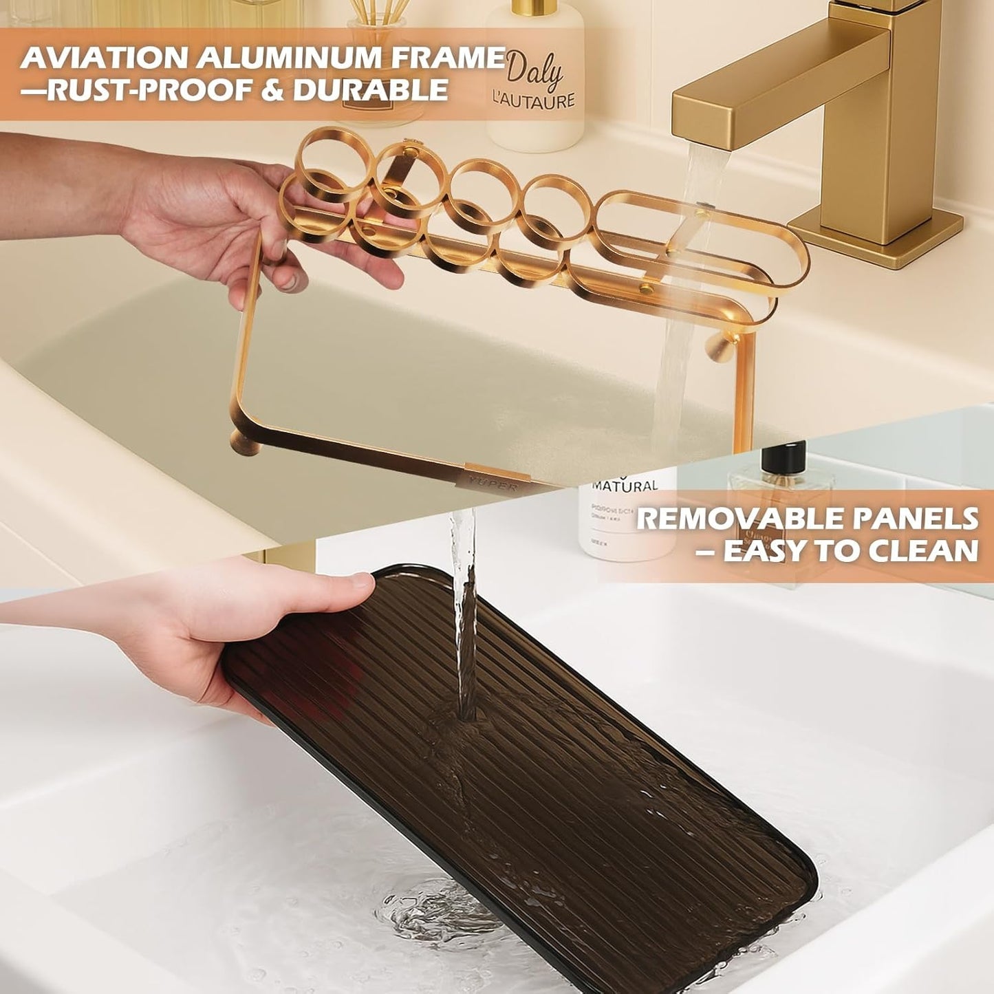 YUPER Bathroom Counter Organizer, Bathroom Organizers with Toothbrush Holder, Makeup Storage Shelf Vanity Tray Perfume Organizer, Bedroom Bar Corner Counter Storage Sink Shelf Gold