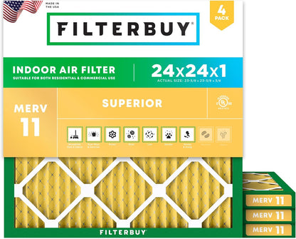Filterbuy 24x24x1 Air Filter MERV 11 (MPR 1200) Allergen Defense Replacement (4-Pack), Electrostatic Pleated HVAC AC Furnace Filters, Made in USA (Actual Size: 23.38 x 23.38 x 0.75)