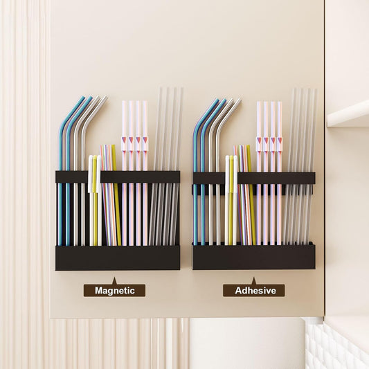 Magnetic & Adhesive Straw Organizer – Carbon Steel Utensil Holder for Reusable Straws, Chopsticks & Stirrers – Wall or Fridge Mount, Space-Saving Black Storage Rack