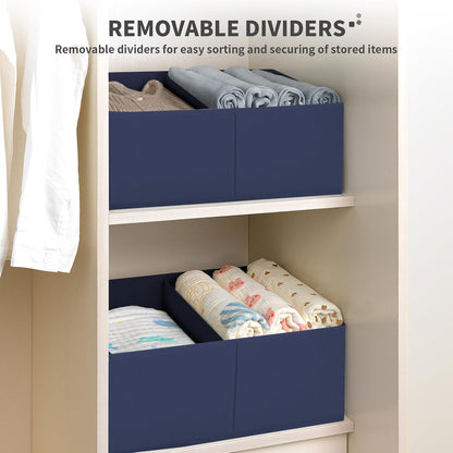 DIMJ Large Closet Shelf Organizer Bins 4 Packs with Handles and Divider, Fabric Trapezoid Storage Baskets, Foldable Clothes Containers Box for Shelf, Towel, Book, Toy, Purse, Hats, Navy Blue