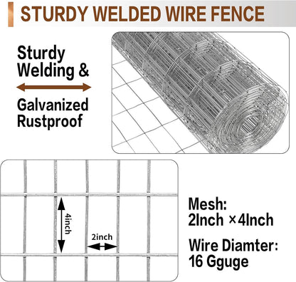 Tongmo 2 ft x 100 ft Galvanized Welded Wire Fence, 16GA Garden Chicken Wire Fence Roll, Mesh Size 2" x 4"Hardware Cloth, Ideal for Yard Protection and Poultry Netting