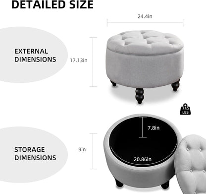 Fabric Round Ottoman with Storage, Upholstered Tufted Storage Footstool, Modern Wooden Coffee Table for Living Room, Bedroom,Light Grey