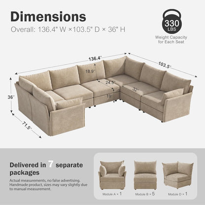 136.4" Oversized Modular Sectional Sofa, U Shaped Convertible Couch with Movable Ottoman, Large 7 Seat Corner Couches for Living Room Deep Seat Beige Chenille