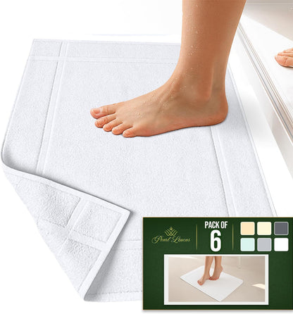 Pearl Linens Pack of 6 100% Cotton Bath Mat 20X30 inches, Soft & Absorbent Quick Dry Bathroom Mat Set, Not Bathroom Rugs, After Shower Mat, Bath Tub Mat, 687 GSM, Machine Washable, White