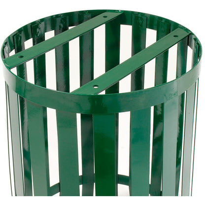 Global Industrial 36 Gallon Outdoor Slatted Steel Round Trash Can with Flat Lid, Plastic Liner & Anchor Kit Included, 28" W x 36" H, Commercial & Industrial Trash Can, Green